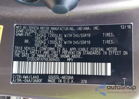 2017 Toyota Highlander Limited z USA, uszkodzony, nr VIN 5TDDZRFH7HS369455